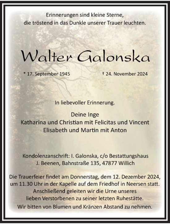 Traueranzeige von Walter Galonska von trauer.extra-tipp-moenchengladbach.de