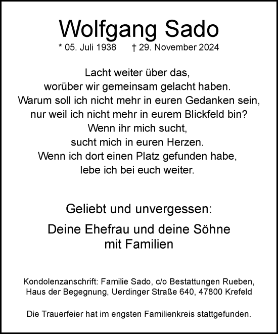 Traueranzeige von Wolfgang Sado von trauer.extra-tipp-moenchengladbach.de