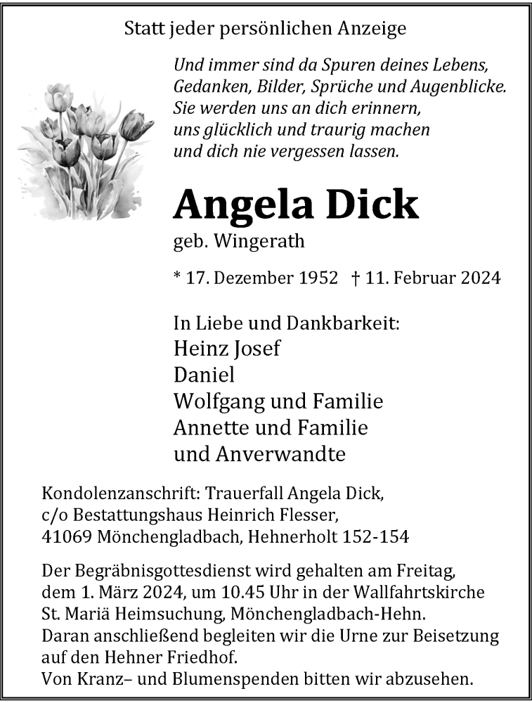  Traueranzeige für Angela Dick vom 25.02.2024 aus trauer.extra-tipp-moenchengladbach.de