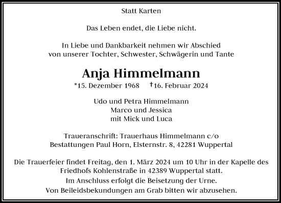 Traueranzeige von Anja Himmelmann von trauer.wuppertaler-rundschau.de