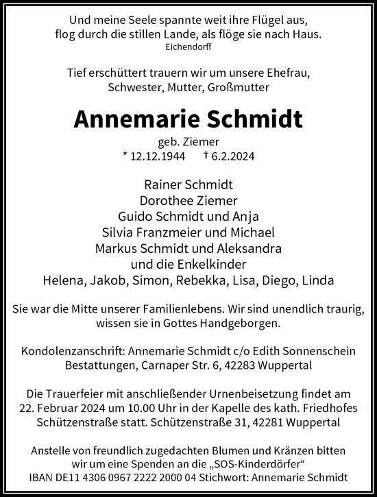 Traueranzeige von Annemarie Schmidt von trauer.wuppertaler-rundschau.de