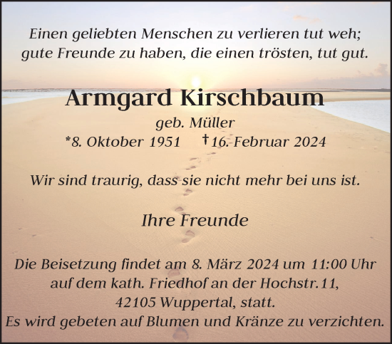 Traueranzeige von Armgard Kirschbaum von trauer.wuppertaler-rundschau.de