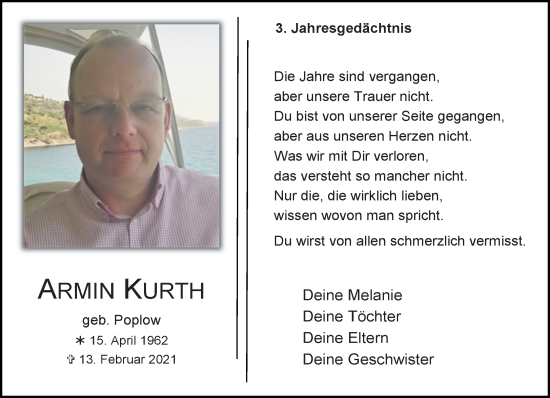 Traueranzeige von Armin Kurth von trauer.extra-tipp-moenchengladbach.de