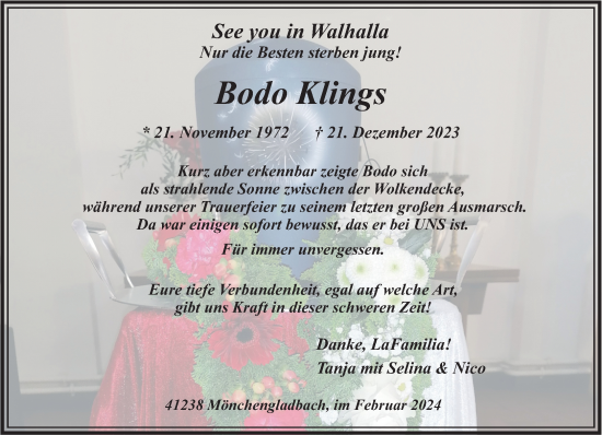 Traueranzeige von Bodo Klings von trauer.extra-tipp-moenchengladbach.de