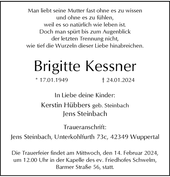 Traueranzeige von Brigitte Kessner von trauer.wuppertaler-rundschau.de