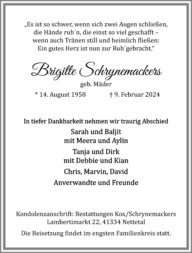  Traueranzeige für Brigitte Schrynemackers vom 18.02.2024 aus trauer.extra-tipp-moenchengladbach.de