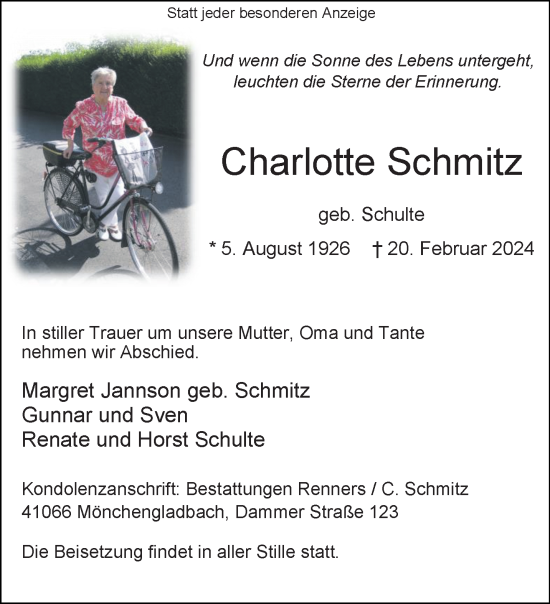 Traueranzeige von Charlotte Schmitz von trauer.extra-tipp-moenchengladbach.de