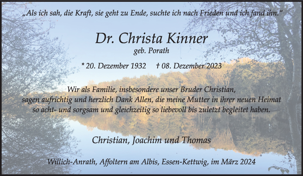  Traueranzeige für Christa Kinner vom 03.03.2024 aus trauer.extra-tipp-moenchengladbach.de