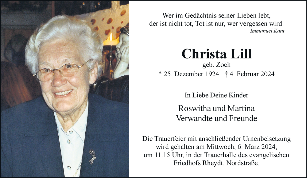  Traueranzeige für Christa Lill vom 25.02.2024 aus trauer.extra-tipp-moenchengladbach.de
