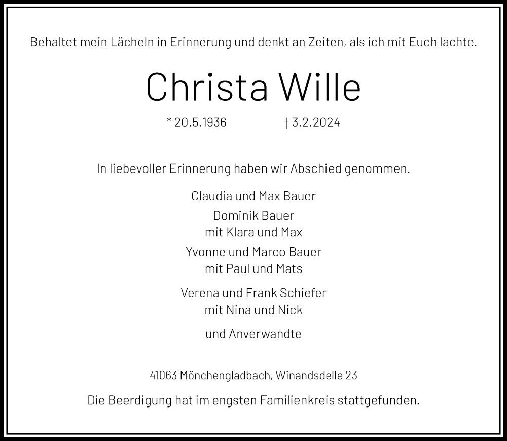  Traueranzeige für Christa Wille vom 18.02.2024 aus trauer.extra-tipp-moenchengladbach.de