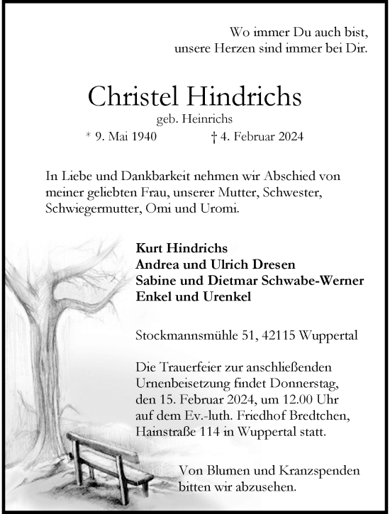 Traueranzeige von Christel Hindrichs von trauer.wuppertaler-rundschau.de