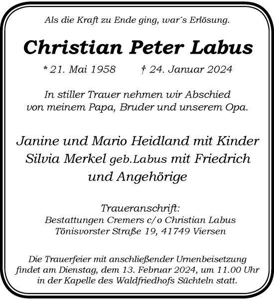 Traueranzeige von Christian Peter Labus von trauer.extra-tipp-moenchengladbach.de