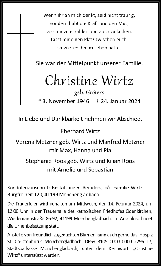 Traueranzeige von Christine Wirtz von trauer.extra-tipp-moenchengladbach.de