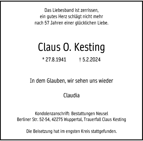 Traueranzeige von Claus O. Kesting von trauer.wuppertaler-rundschau.de