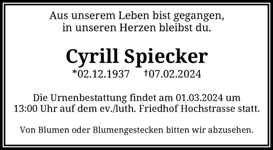 Traueranzeige von Cyrill Spiecker von trauer.wuppertaler-rundschau.de