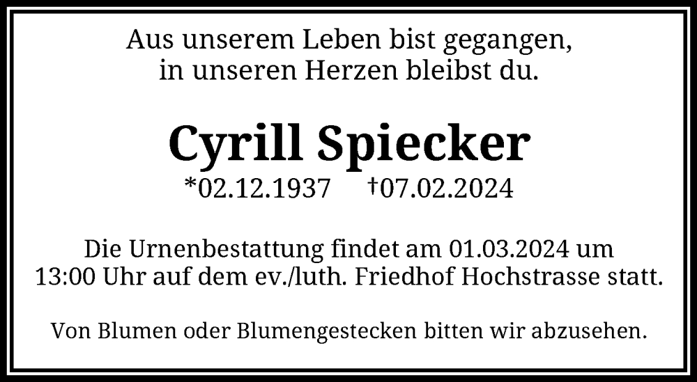  Traueranzeige für Cyrill Spiecker vom 24.02.2024 aus trauer.wuppertaler-rundschau.de