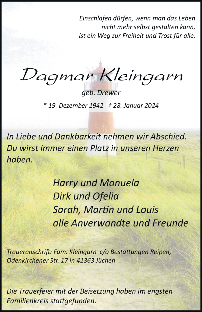  Traueranzeige für Dagmar Kleingarn vom 10.02.2024 aus trauer.stadt-kurier.de