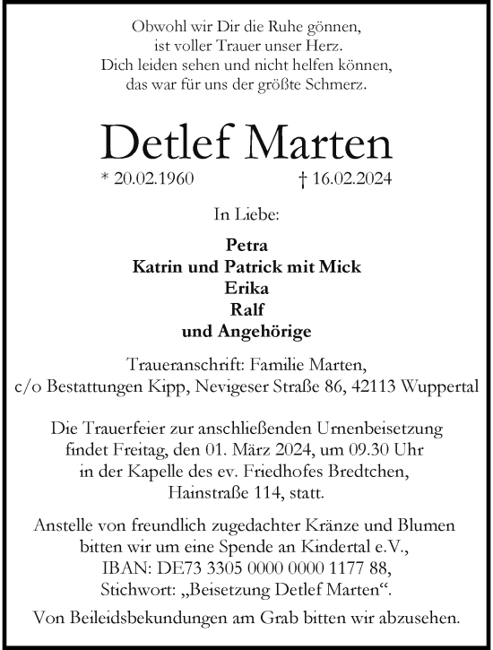 Traueranzeige von Detlef Marten von trauer.wuppertaler-rundschau.de