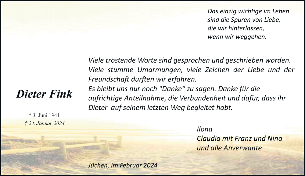  Traueranzeige für Dieter Fink vom 17.02.2024 aus trauer.stadt-kurier.de