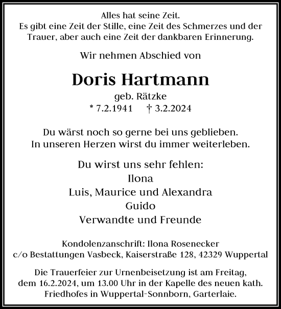 Traueranzeige von Doris Hartmann von trauer.wuppertaler-rundschau.de