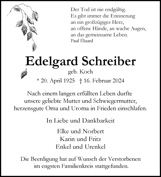Traueranzeige von Edelgard Schreiber von trauer.wuppertaler-rundschau.de