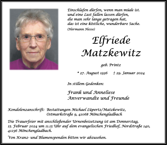 Traueranzeige von Elfriede Matzkewitz von trauer.extra-tipp-moenchengladbach.de