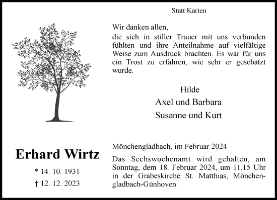 Traueranzeige von Erhard Wirtz von trauer.extra-tipp-moenchengladbach.de