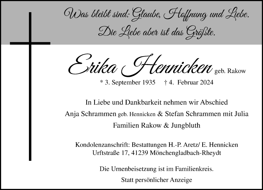  Traueranzeige für Erika Hennicken vom 11.02.2024 aus trauer.extra-tipp-moenchengladbach.de