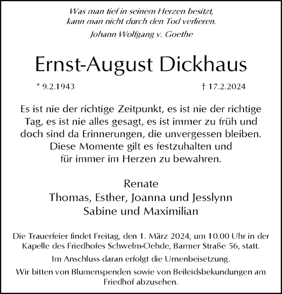 Traueranzeige von Ernst-August Dickhaus von trauer.wuppertaler-rundschau.de