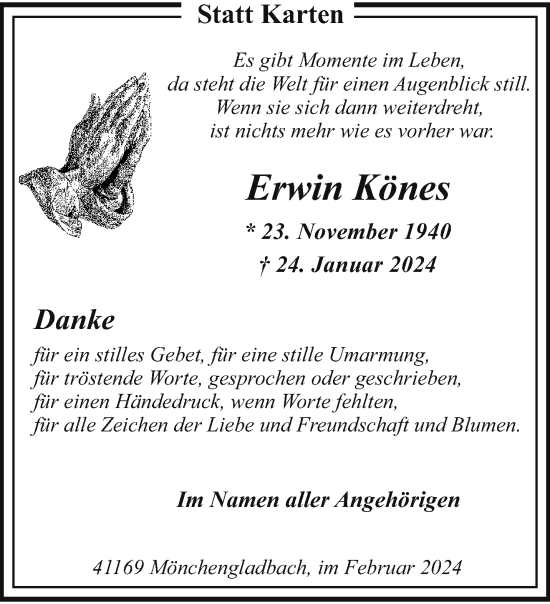 Traueranzeige von Erwin Könes von trauer.extra-tipp-moenchengladbach.de