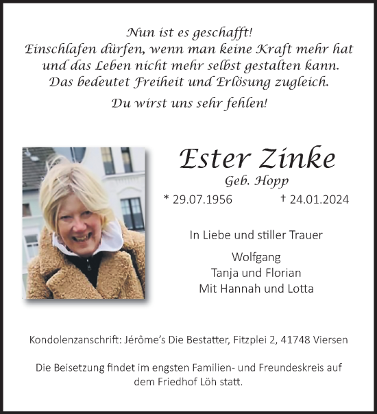 Traueranzeige von Ester Zinke von trauer.extra-tipp-moenchengladbach.de