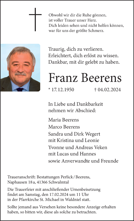 Traueranzeige von Franz Beerens von trauer.extra-tipp-moenchengladbach.de