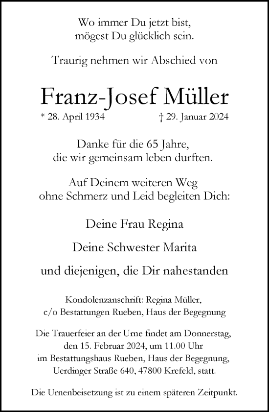 Traueranzeige von Franz-Josef Müller von trauer.extra-tipp-moenchengladbach.de