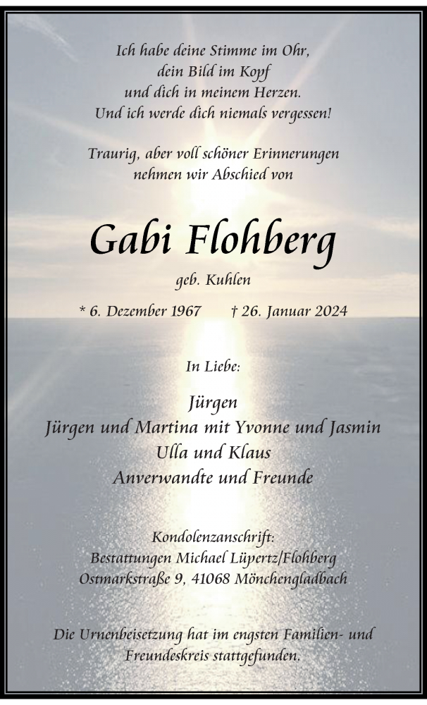  Traueranzeige für Gabi Flohberg vom 25.02.2024 aus trauer.extra-tipp-moenchengladbach.de