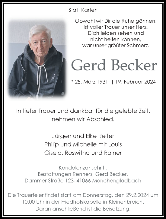 Traueranzeige von Gerd Becker von trauer.extra-tipp-moenchengladbach.de