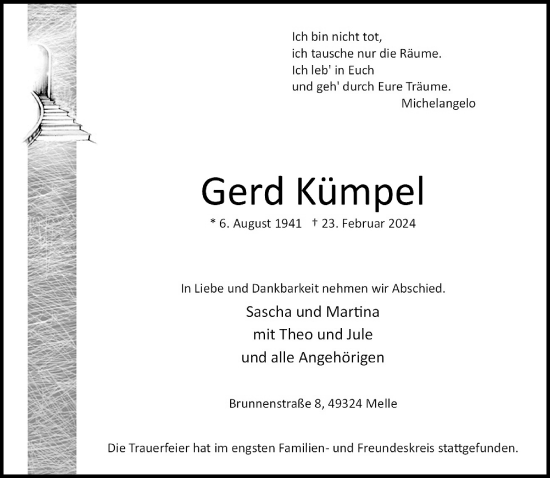 Traueranzeige von Gerd Kümpel von trauer.duesseldorfer-anzeiger.de