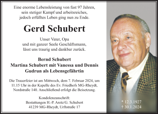 Traueranzeige von Gerd Schubert von trauer.extra-tipp-moenchengladbach.de