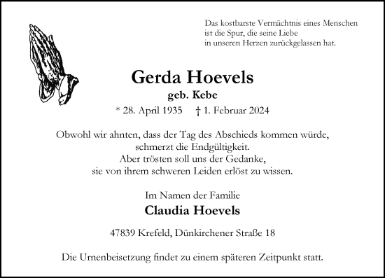 Traueranzeige von Gerda Hoevels von trauer.extra-tipp-moenchengladbach.de