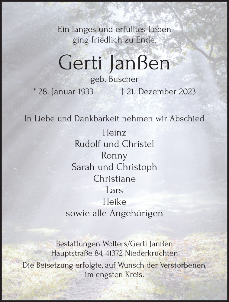  Traueranzeige für Gerti Janßen vom 04.02.2024 aus trauer.extra-tipp-moenchengladbach.de