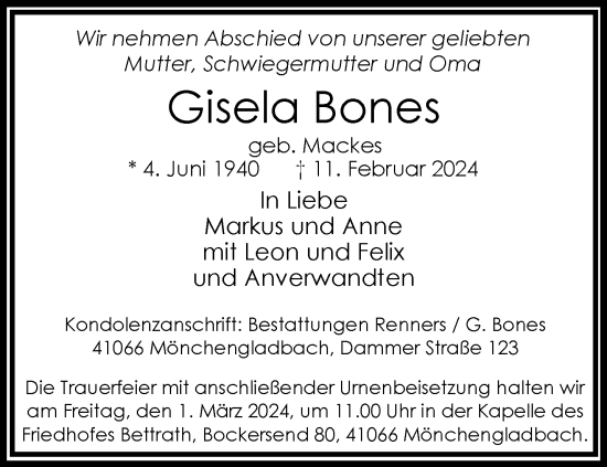 Traueranzeige von Gisela Bones von trauer.extra-tipp-moenchengladbach.de