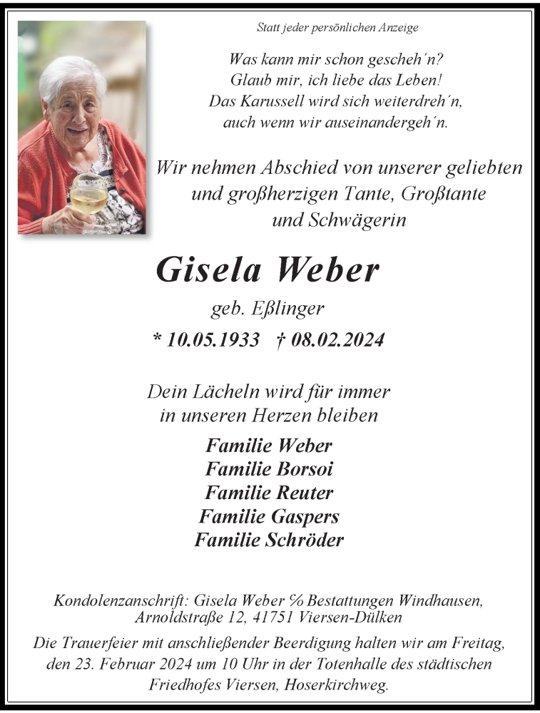  Traueranzeige für Gisela Weber vom 18.02.2024 aus trauer.extra-tipp-moenchengladbach.de
