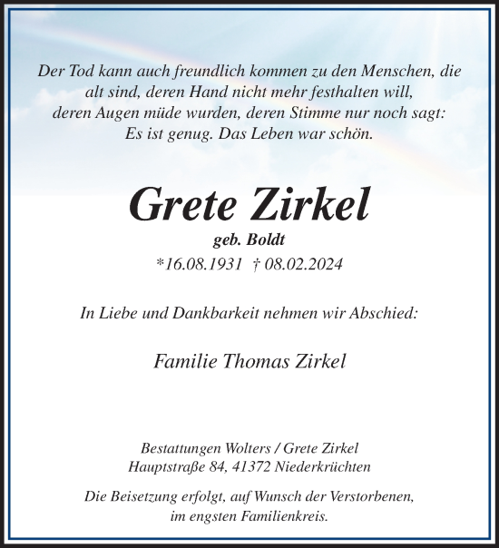Traueranzeige von Grete Zirkel von trauer.extra-tipp-moenchengladbach.de