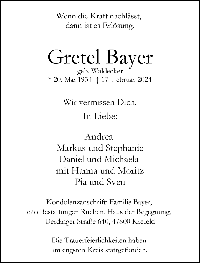  Traueranzeige für Gretel Bayer vom 03.03.2024 aus trauer.extra-tipp-moenchengladbach.de