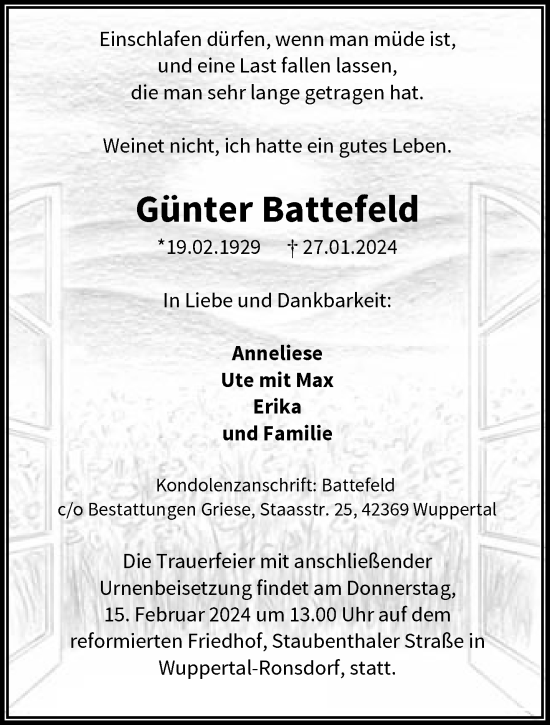 Traueranzeige von Günter Battefeld von trauer.wuppertaler-rundschau.de