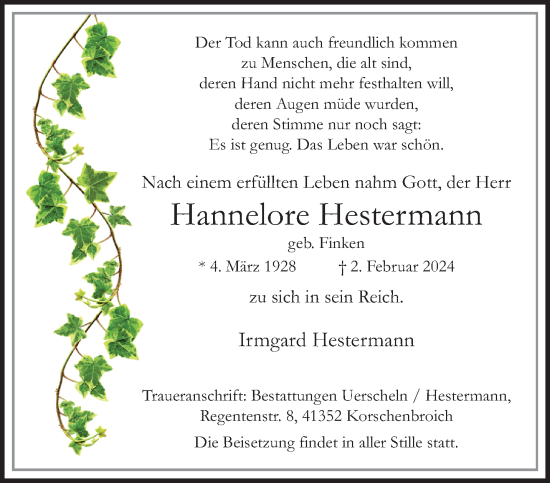 Traueranzeige von Hannelore Hestermann von trauer.extra-tipp-moenchengladbach.de