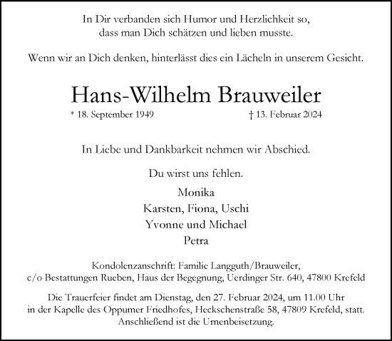 Traueranzeige von Hans-Wilhelm Brauweiler von trauer.extra-tipp-moenchengladbach.de