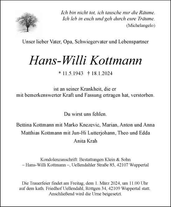 Traueranzeige von Hans-Willi Kottmann von trauer.wuppertaler-rundschau.de