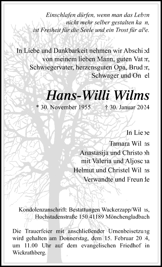 Traueranzeige von Hans-Willi Wilms von trauer.extra-tipp-moenchengladbach.de