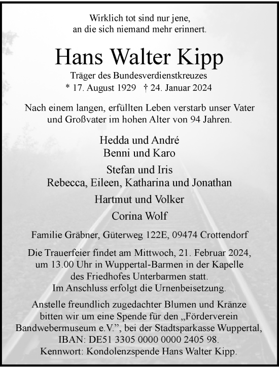 Traueranzeige von Hans Walter Kipp von trauer.wuppertaler-rundschau.de