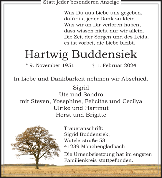 Traueranzeige von Hartwig Buddensiek von trauer.extra-tipp-moenchengladbach.de